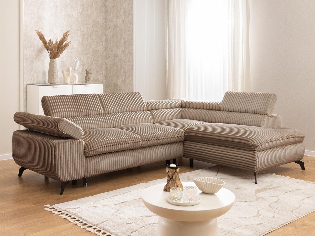 ECKSOFA mit Schlaffunktion und Bettkasten Bonnie aus Beige Cord-Stoff mit verstellbaren Kopfstützen und Armlehne - Ottomane rechts - Beige/Schwarz, Holz/Textil (275/210cm) - S-Style Möbel