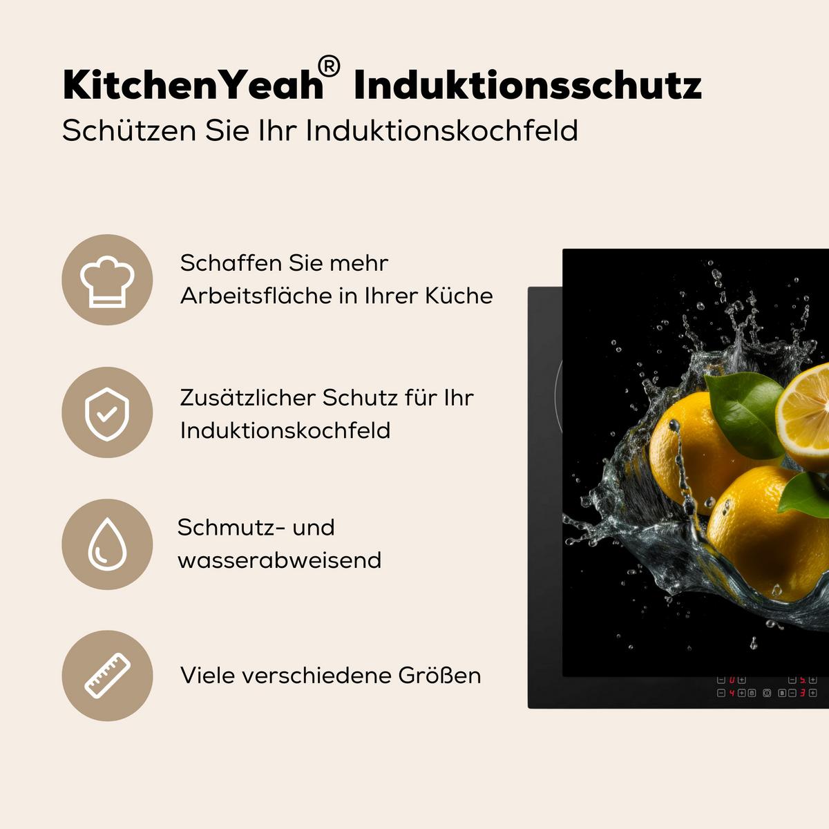 HERDABDECKPLATTE Zitrone - Obst - Gelb - Schwarz Herdabdeckung Induktionsfeld 65x52 cm - Gelb, Kunststoff (65/52/0.2cm) - MuchoWow