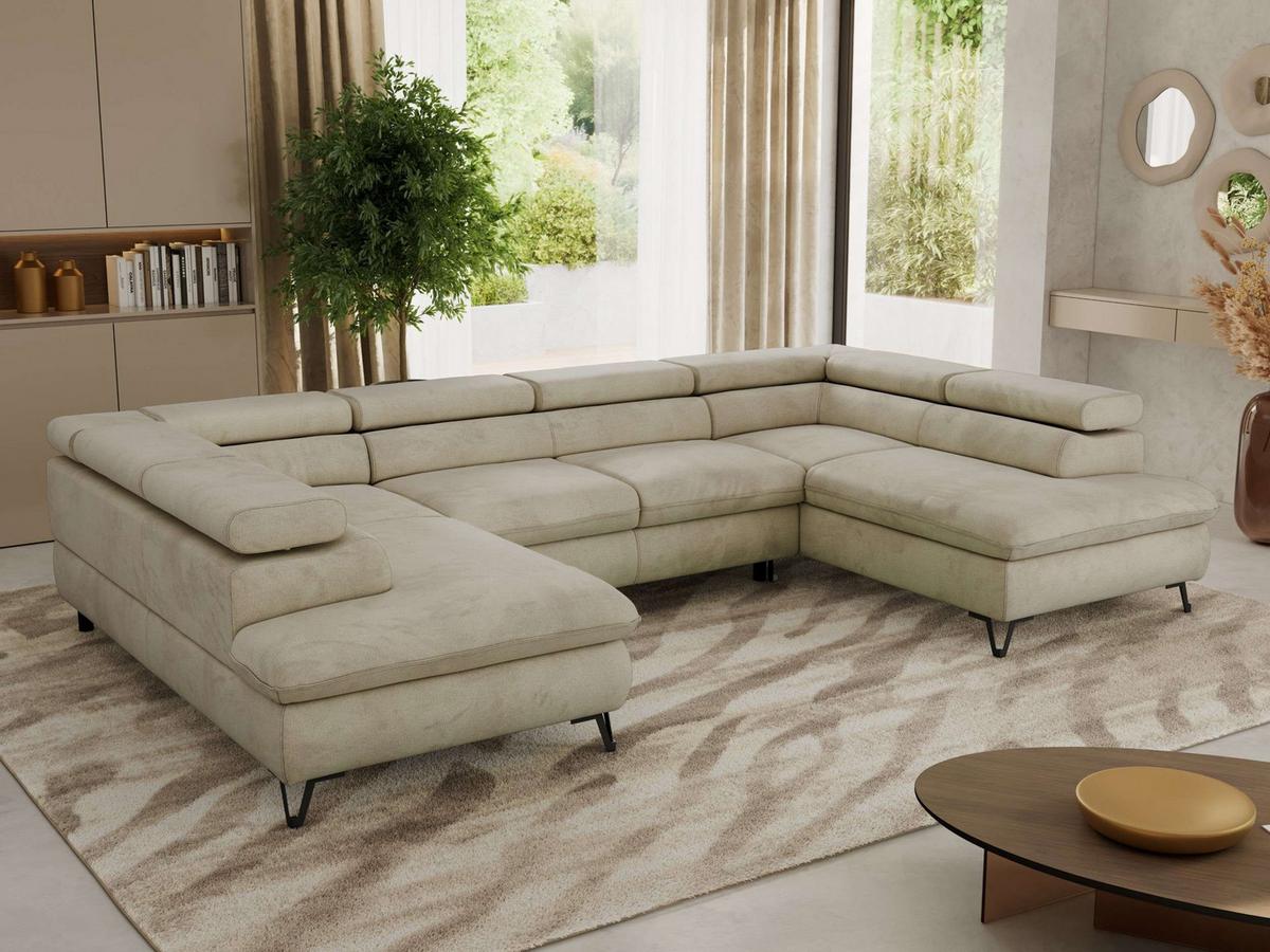 WOHNLANDSCHAFT PABLO U Velvet Beige mit Topper Visco - Beige/Schwarz, Textil/Metall (346/76/208cm) - MKS