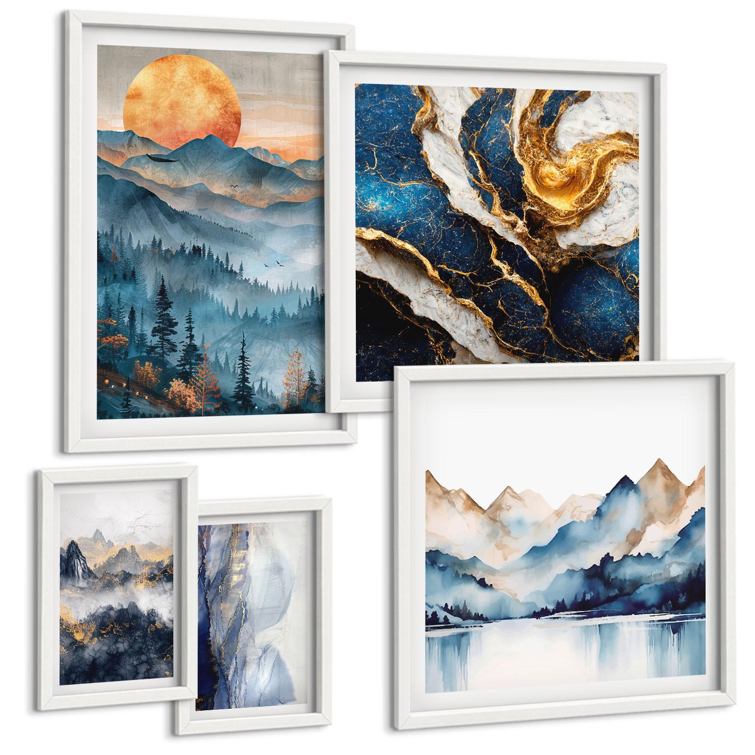 BILDER SET 5er Set - 50x50 cm & 20x30 cm & 40x60 cm Weißer Rahmen - Blaue Berglandschaften - Weiß, Kunststoff (40/60cm) - TULUP
