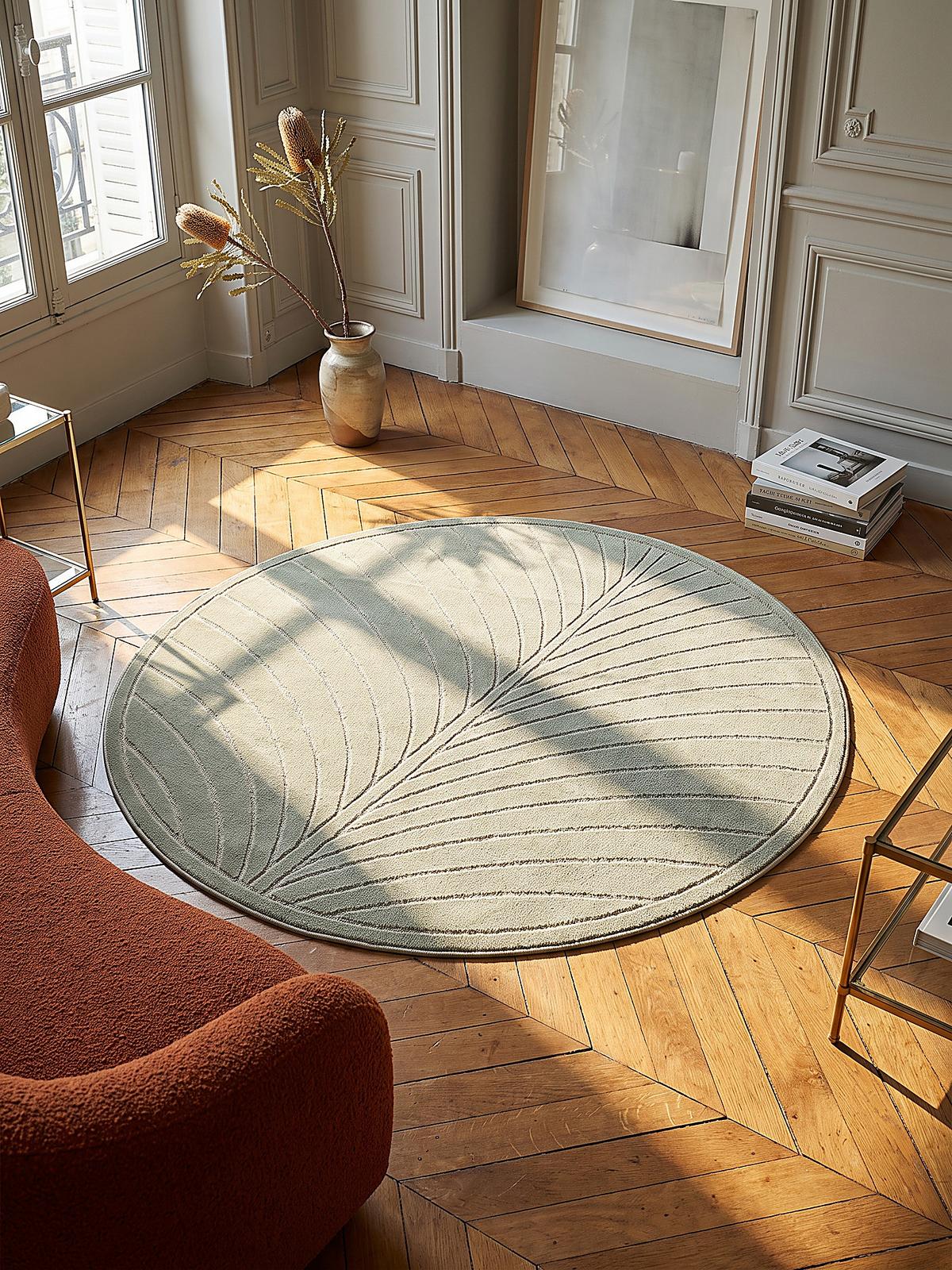 TEPPICH Outdoor, Fußbodenheizung-geeignet, mit Blattmotiv, aus Polypropylen, ENGADIN in Salbeigrün, Ø 120 cm - Grün, Textil (120/120cm) - KADIMA DESIGN