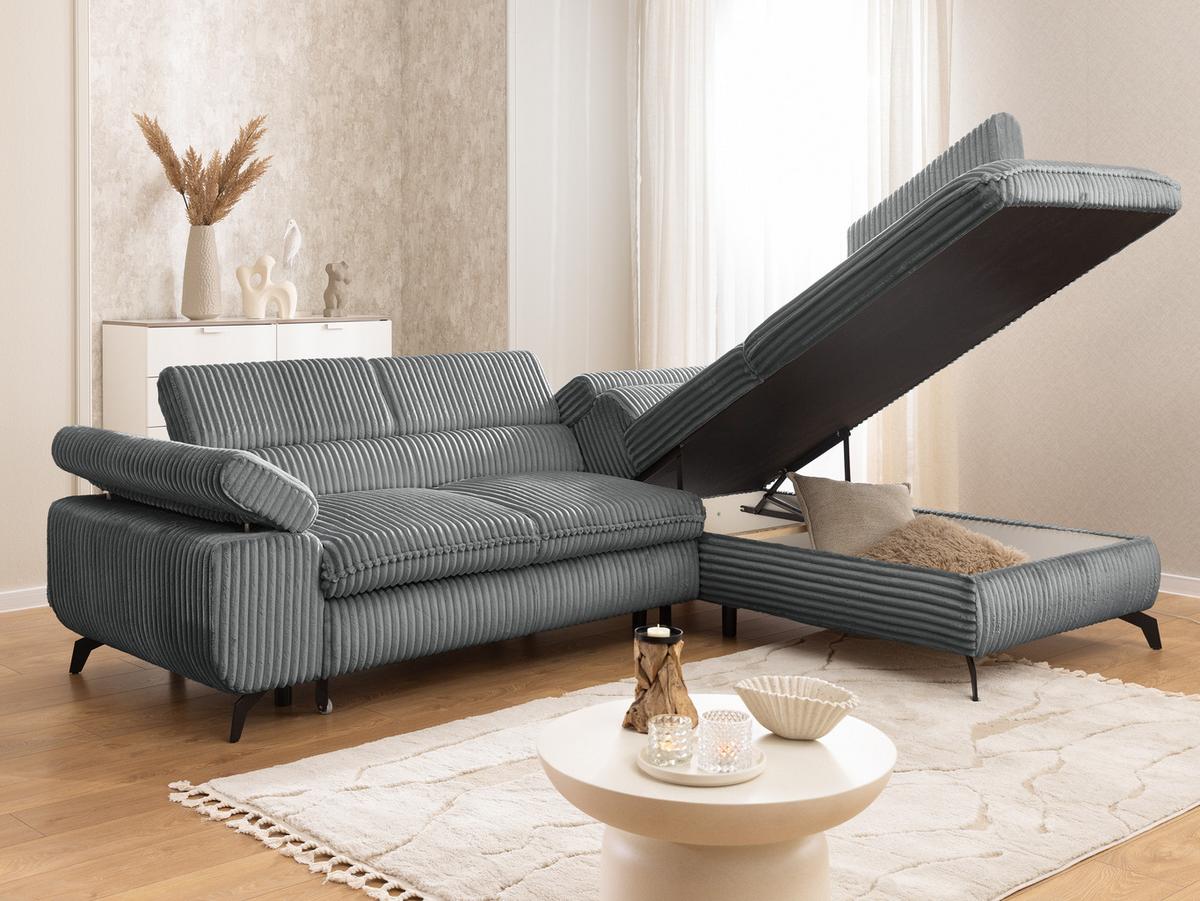 ECKSOFA mit Schlaffunktion und Bettkasten Bonnie aus Grau Cord-Stoff mit verstellbaren Kopfstützen und Armlehne - Ottomane rechts - Schwarz/Grau, Holz/Textil (275/210cm) - S-Style Möbel