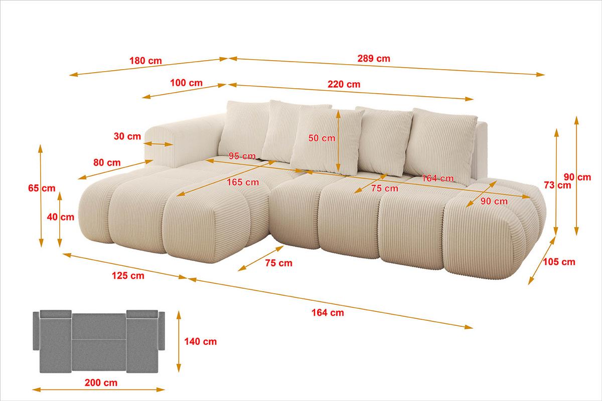 ECKSOFA Ottomane Links CLOUD-L-v1 280x185x90 Beige Cord - Beige, Holzwerkstoff/Kunststoff (180/289cm) - ALTDECOR