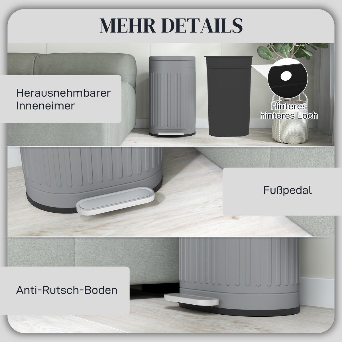 MÜLLEIMER 30l, Metall Kunststoff Grau - Grau, Metall (31.2/60.8/36.5cm) - HOMCOM