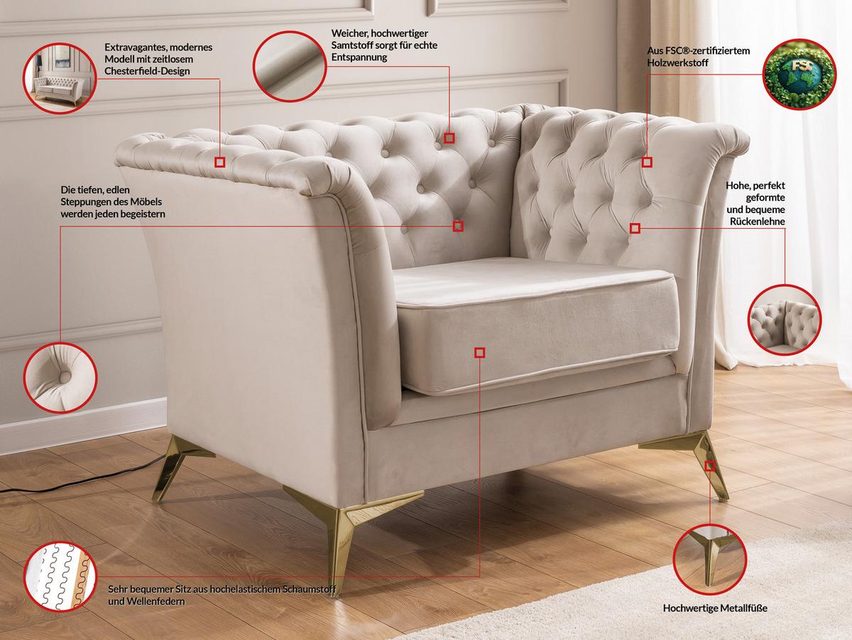 CHESTERFIELD-SESSEL Whitby Beige Samt mit goldenen Füßen - Beige/Goldfarben, Holz/Textil (116/78/82cm) - S-Style Möbel