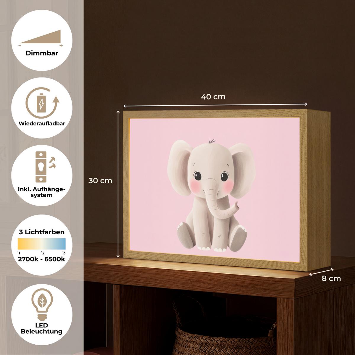 NACHTTISCHLAMPE MIT AKKU Elefant - Baby - Rosa - Cartoon 40x30 cm - Rosa, Holzwerkstoff (8/40/30cm) - OnlyWow