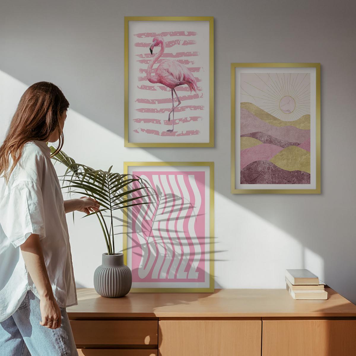 BILDER SET 3er Set - 40x60 cm Goldrahmen - Pastelllandschaft mit rosa Flamingos - Goldfarben, Kunststoff (40/60cm) - TULUP