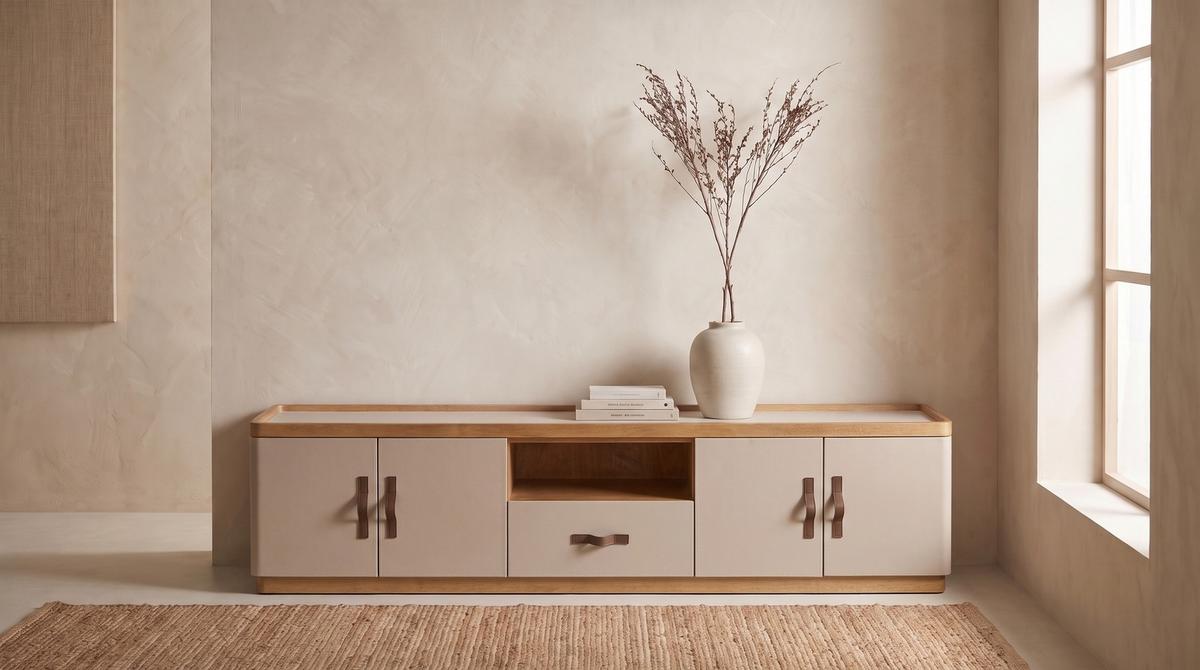 LOWBOARD FLORIANA Weiß Eiche - Creme, Textil (140/200cm) - KAWOLA