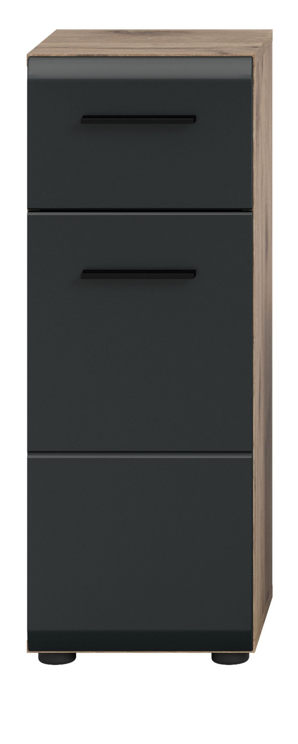 MIDISCHRANK schwarz matt, Eiche Nox, Bad Kommode 30 x 80 cm mit Vollauszug - Eichefarben/Schwarz, Holzwerkstoff/Kunststoff (30/80/30cm) - Inn.Furn