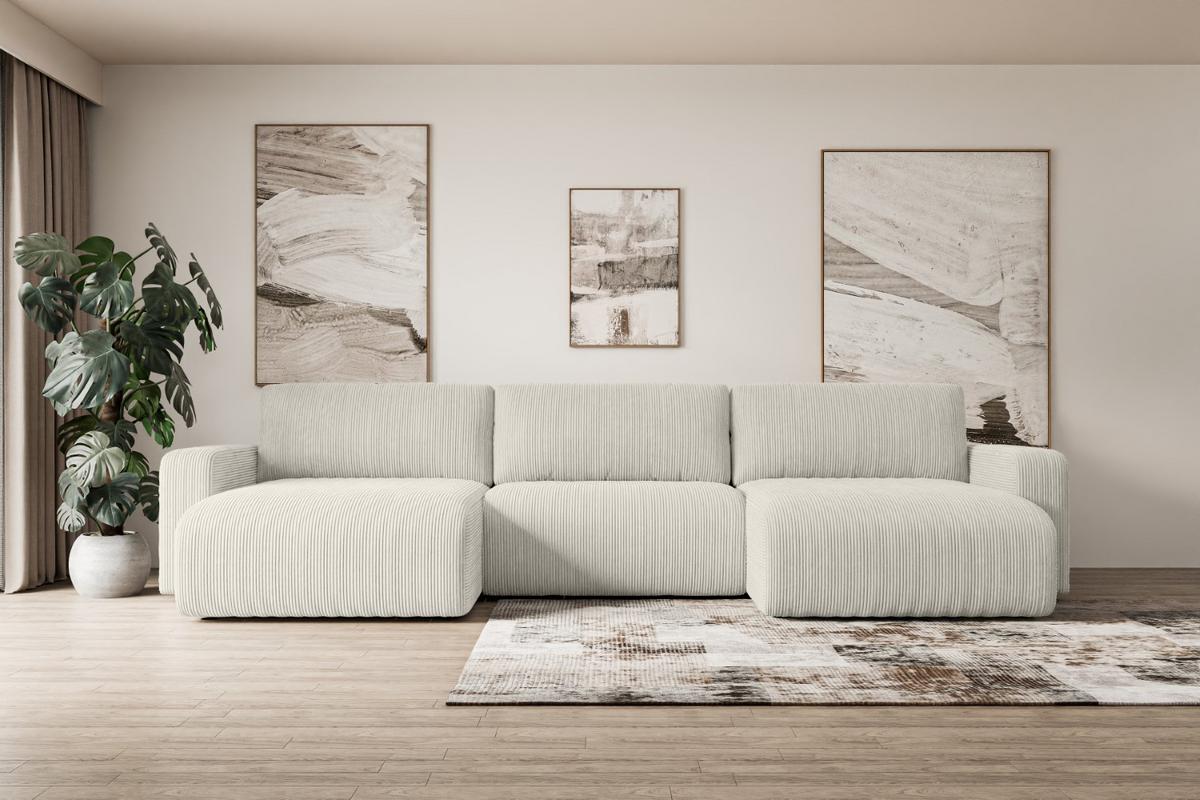 WOHNLANDSCHAFT mit Schlaffunktion und Bettkasten KLEEA-U - 347x143x83 cm Creme Cord - Hellgrau/Creme, Holzwerkstoff/Kunststoff (347/83/143cm) - ALTDECOR
