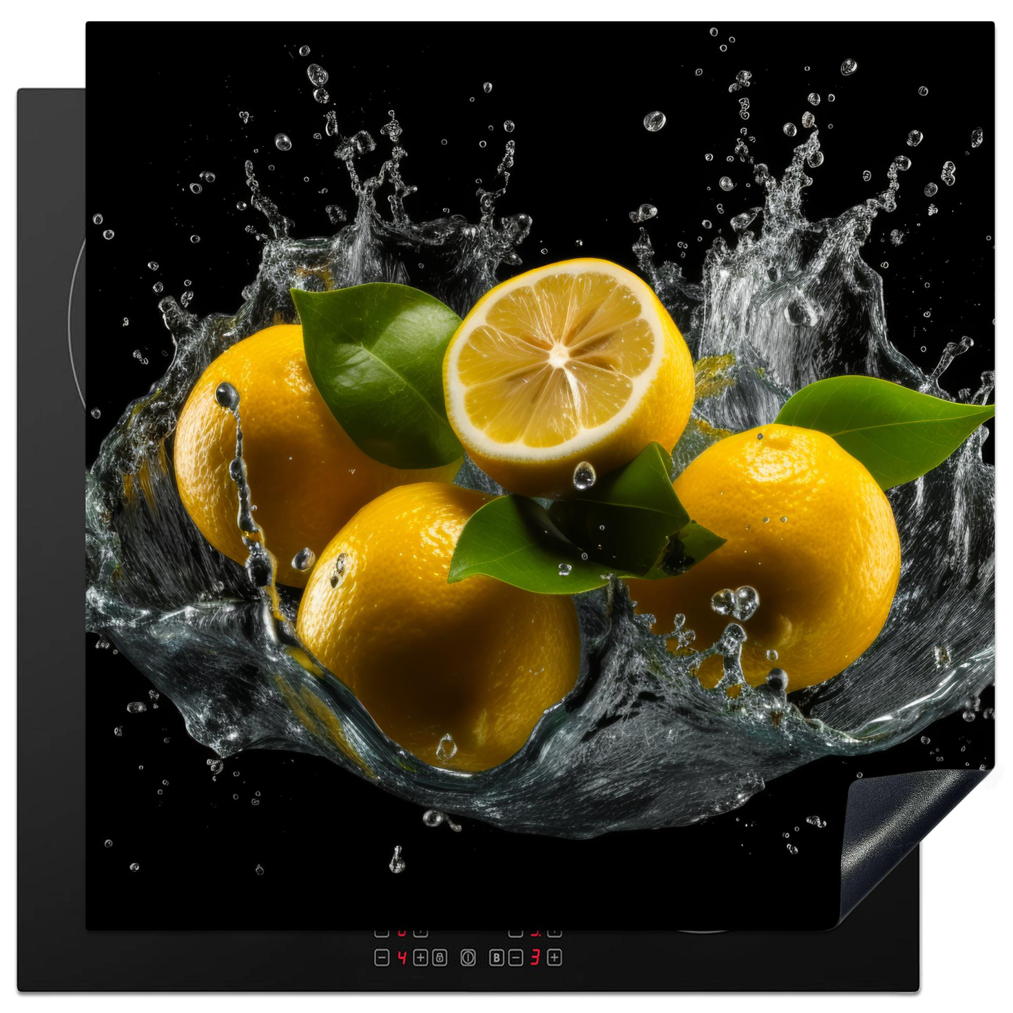 HERDABDECKPLATTE Zitrone - Obst - Gelb - Schwarz Induktionsmatte 78x78 cm - Gelb, Kunststoff (78/78/0.2cm) - MuchoWow