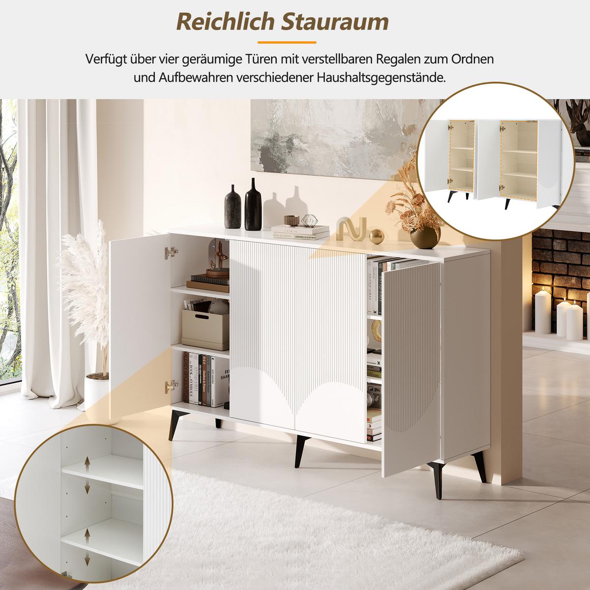 SIDEBOARD weiß & 3d-rillen-design mit 4 türen - Weiß, Holzwerkstoff (160/100/35cm) - Urban Meuble