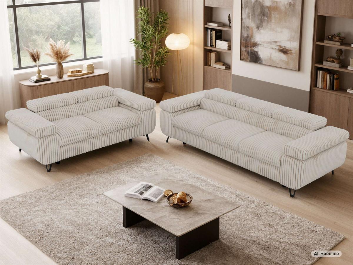 SITZGARNITUR PETER 2+3 - Beige Cord - Beige/Creme, Textil/Metall (262/76/99cm) - MKS