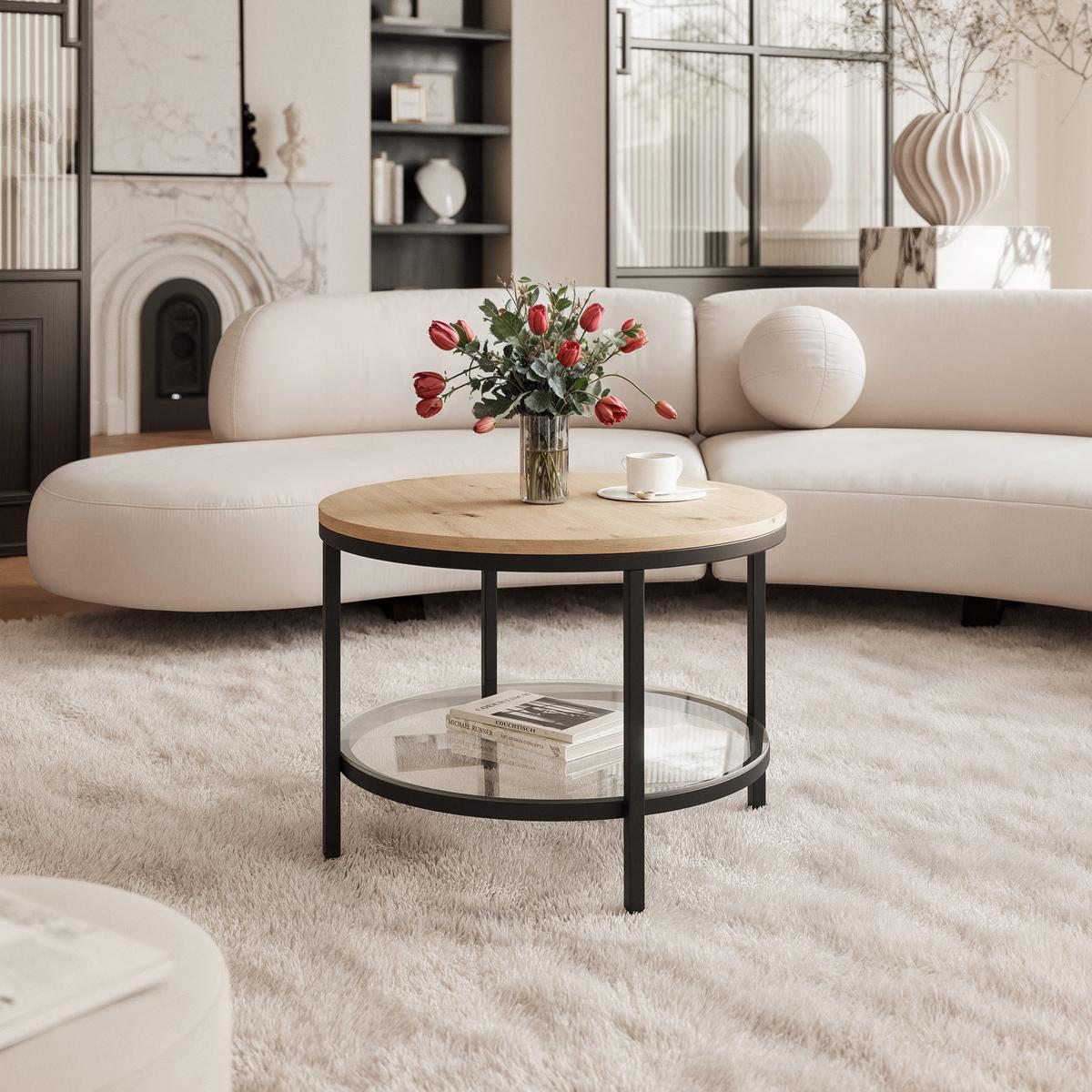 COUCHTISCH CANDY 60/42 cm runden, Schwarz / Artisan-Eiche - Schwarz/Eiche Artisan, Glas/Metall (60/60/42cm) - Idohome