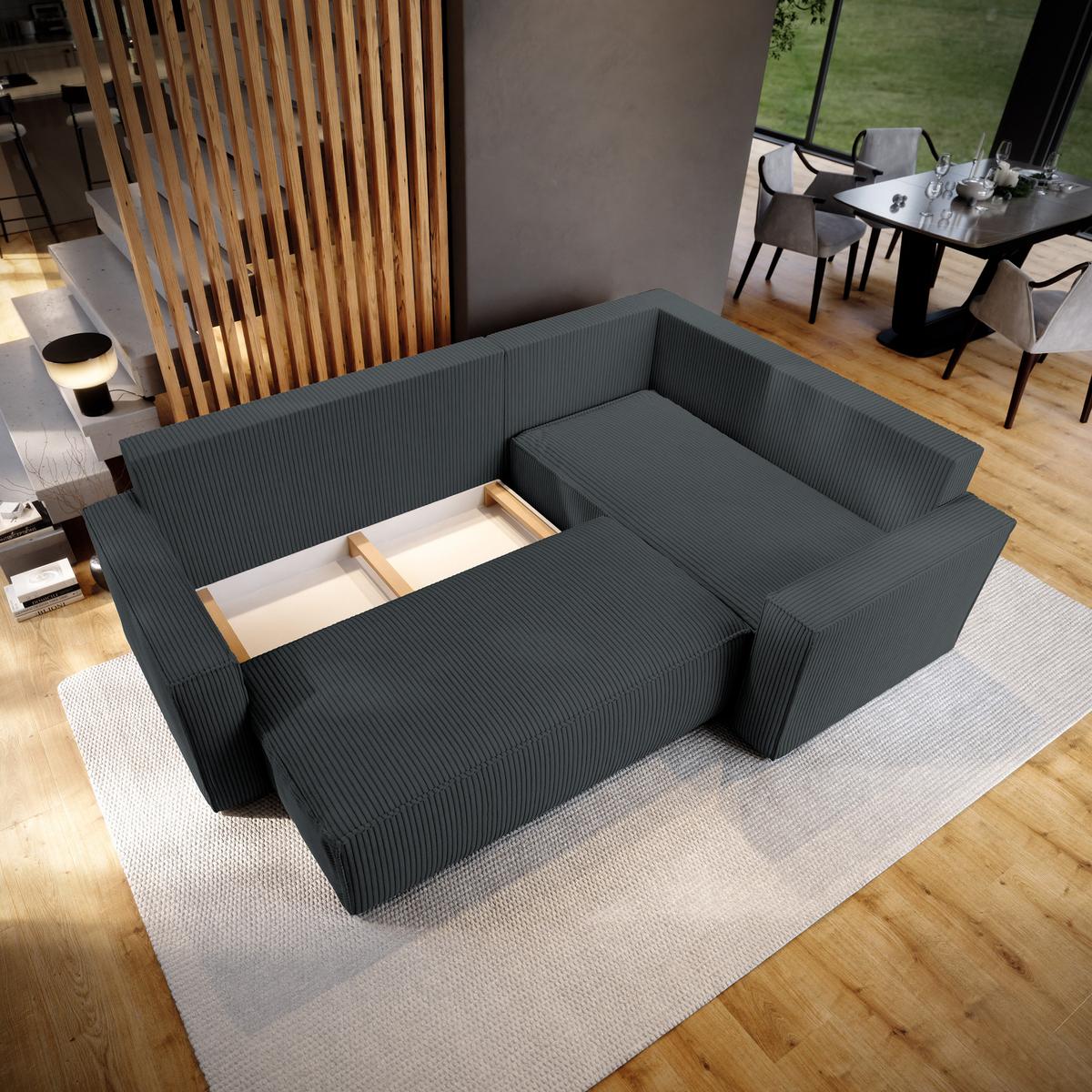 ECKSOFA ESTANO R-S Graphitfarben Kordstoff mit Schlaffunktion - Graphitfarben, Holz (230/158cm) - MASSENO