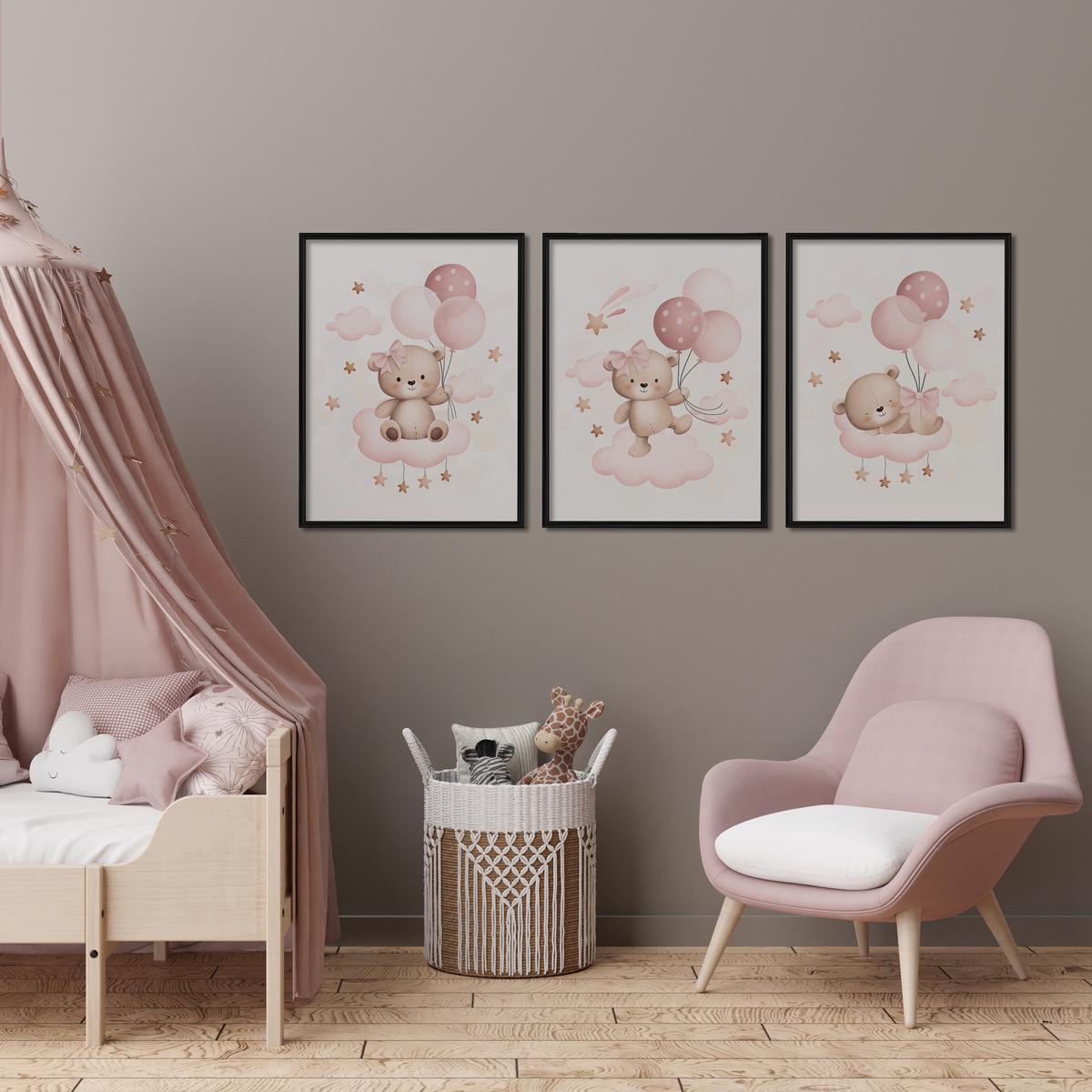 POSTER SET für Kinderzimmer Teddybären Ballons Wolken Sterne 3x Poster A4 21x30cm - Beige/Rosa, Papier (21/30/1cm) - Muralo
