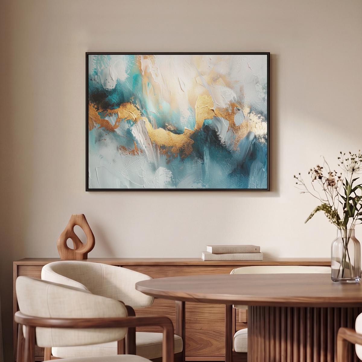 LEINWAND Bilder mit Rahmen - Abstrakt - Kunst - Gold - Blau - 80x60 - Petrol, Textil (80/60cm) - MuchoWow