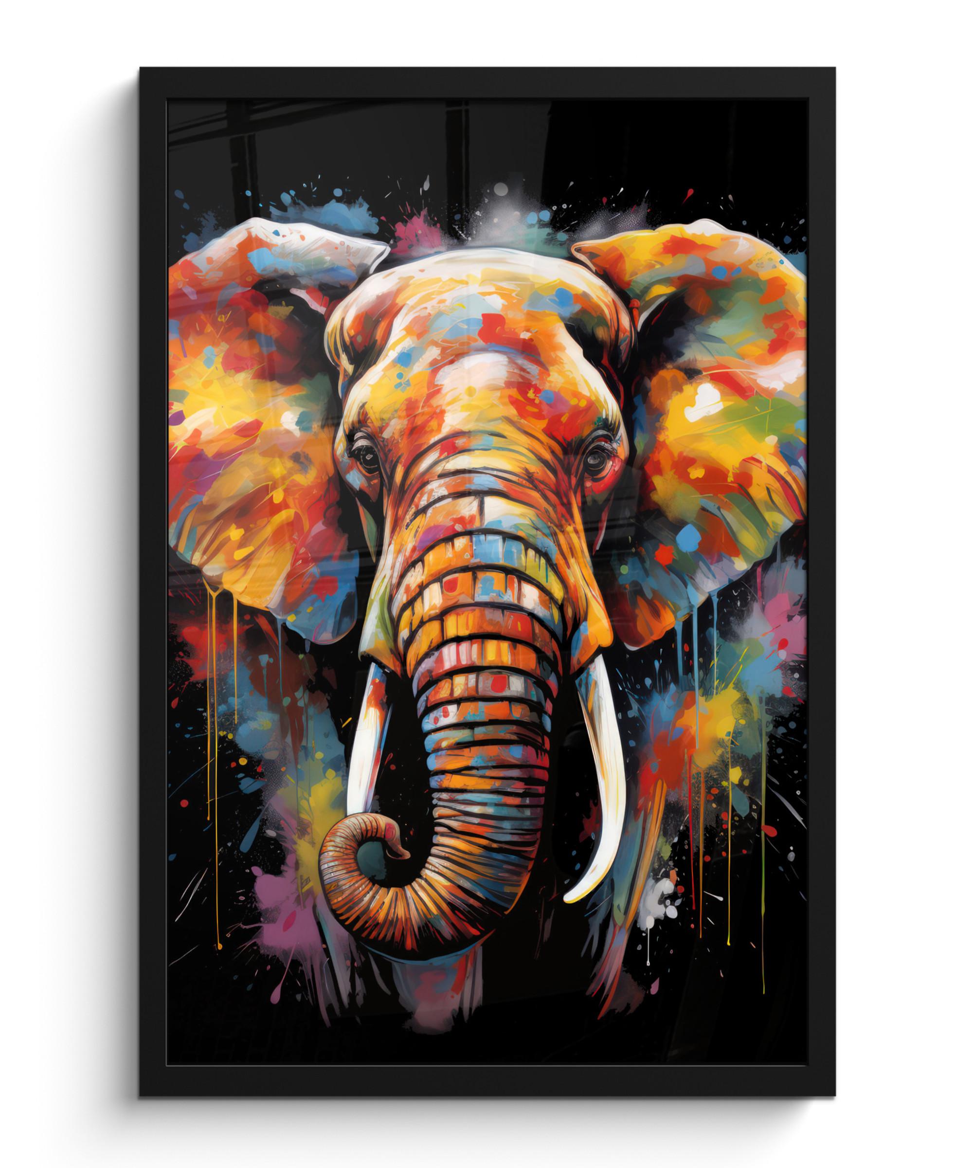 POSTER MIT RAHMEN Elefant - Graffiti - Schwarz - Tiere - Farben Bilder mit Rahmen 40x60 cm - Schwarz, Papier (40/60cm) - MuchoWow