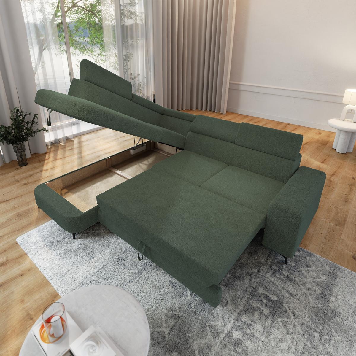 ECKSOFA ALVORO L-S Grün Boucle-Stoff mit Schlaffunktion - Grün, Holz (253/190cm) - MASSENO