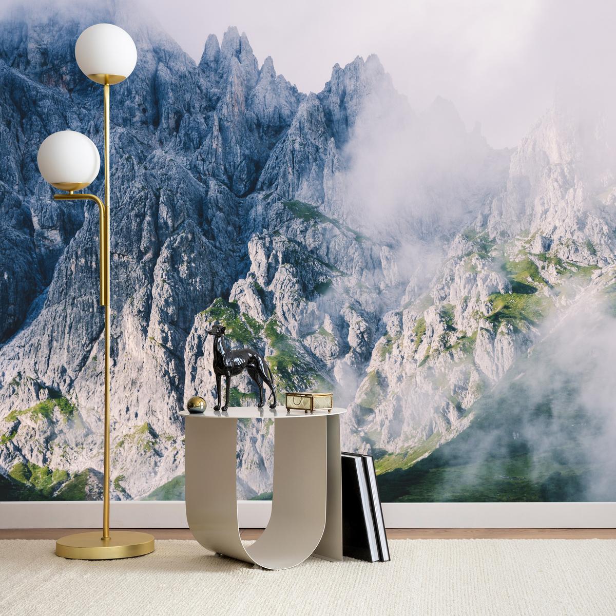 FOTOTAPETE für Wohnzimmer Felsige Berge Nebel Moos 400x280 - Blau/Weiß, Papier (400/280cm) - Muralo