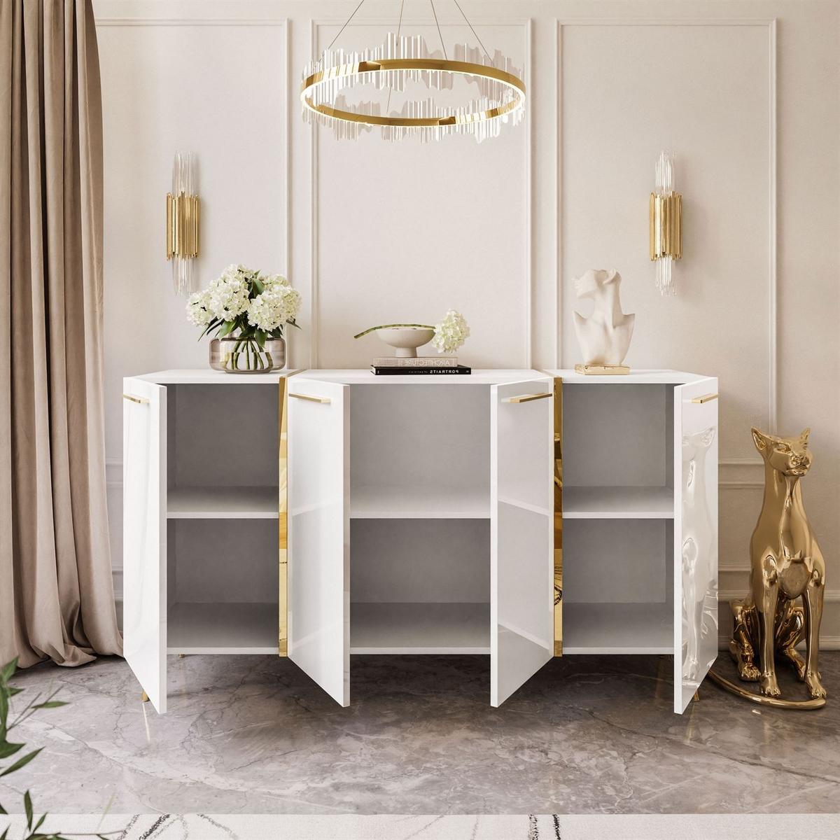 SIDEBOARD ONYX 4T 158 CM AUF GOLDENEN BEINEN - Weiß, Holzwerkstoff (158/88/41cm) - Lookway