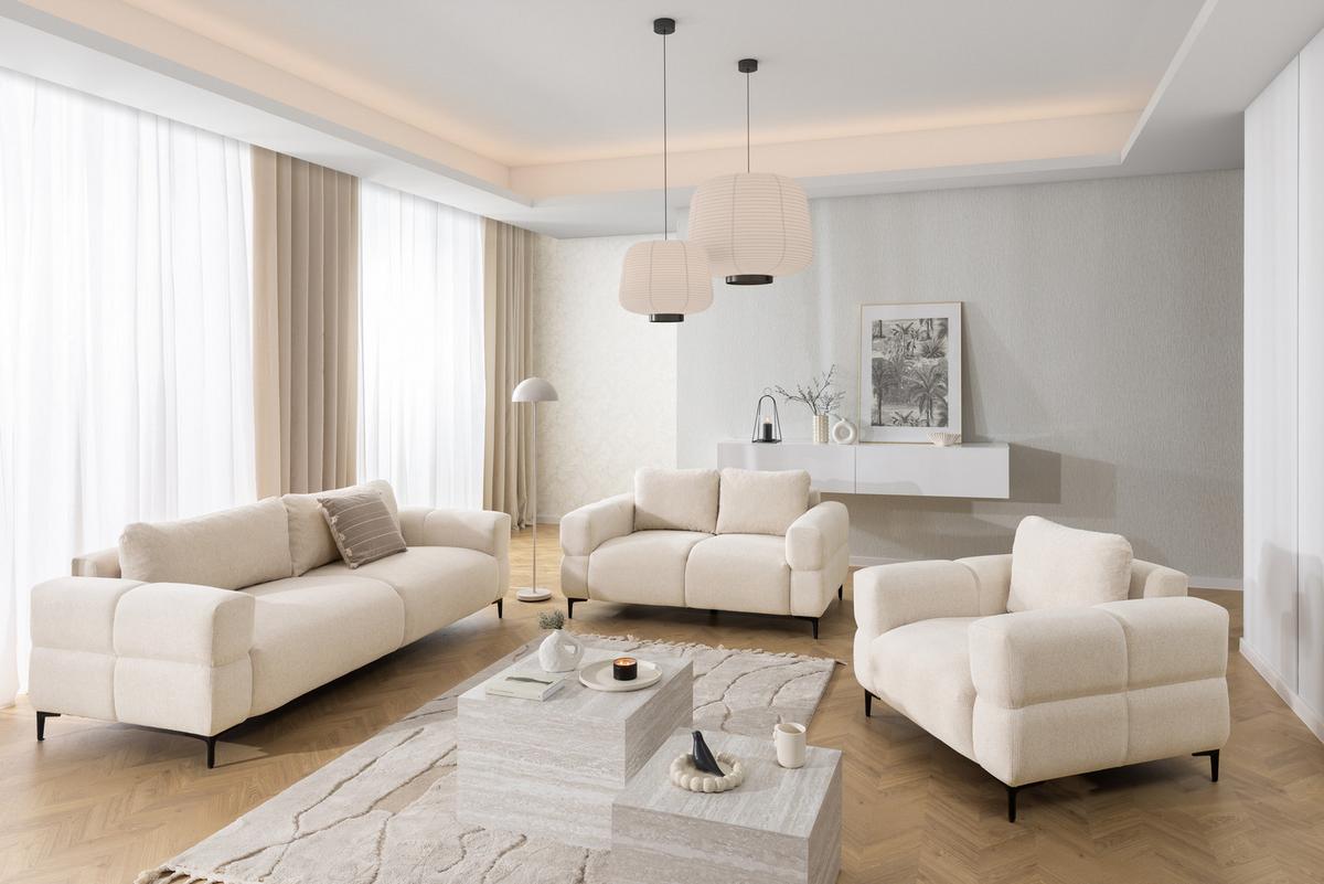 3-SITZER-SOFA Cardea in Bubble-Optik aus weichem Hellbeige Strukturstoff mit hohem Sitzkomfort - Beige/Schwarz, Holz/Textil (217/80/97cm) - S-Style Möbel