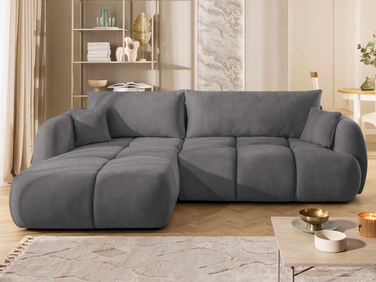 ECKSOFA Loretto aus natürlichem Taupe Webstoff mit Schlaffunktion, Bettkasten und tiefen Steppungen in Bubble-Optik - Taupe/Schwarz, Holz/Kunststoff (180/275cm) - S-Style