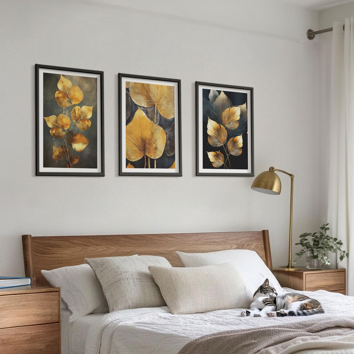 BILDER SET 3er Set - 40x60 cm Schwarzer Rahmen - Gelbe Blätter auf dunklem Hintergrund - Schwarz, Kunststoff (40/60cm) - TULUP