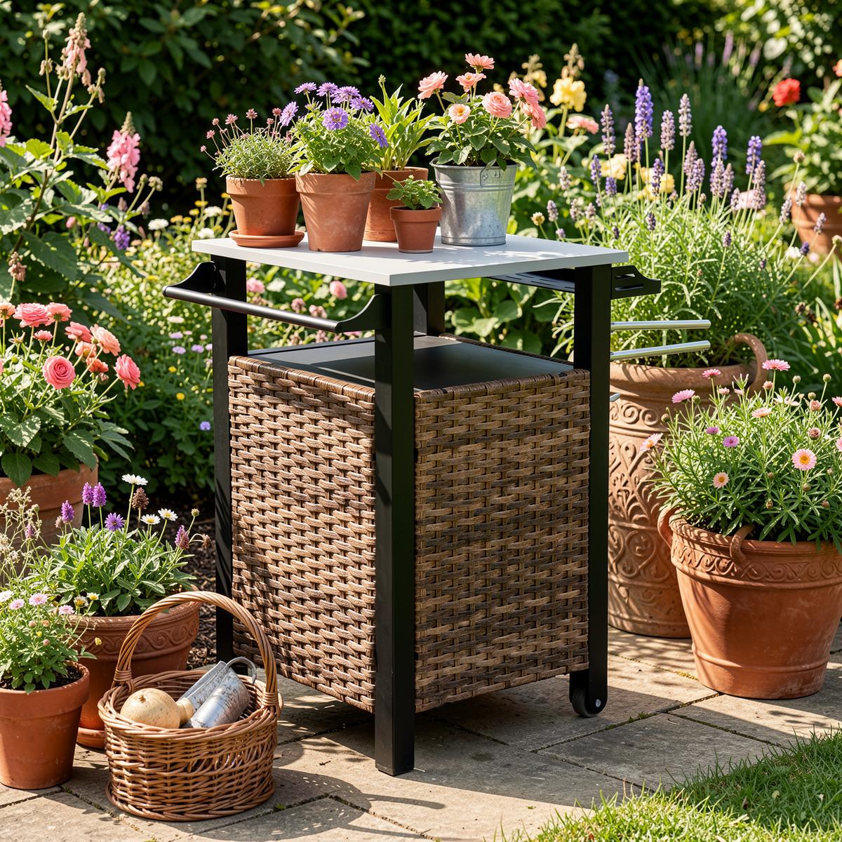 GARTENBEISTELLTISCH 76 cm Braun – Outdoor Servierwagen mit Edelstahlplatte & Rollen - Braun, Metall (57/76/85cm) - Urban Meuble