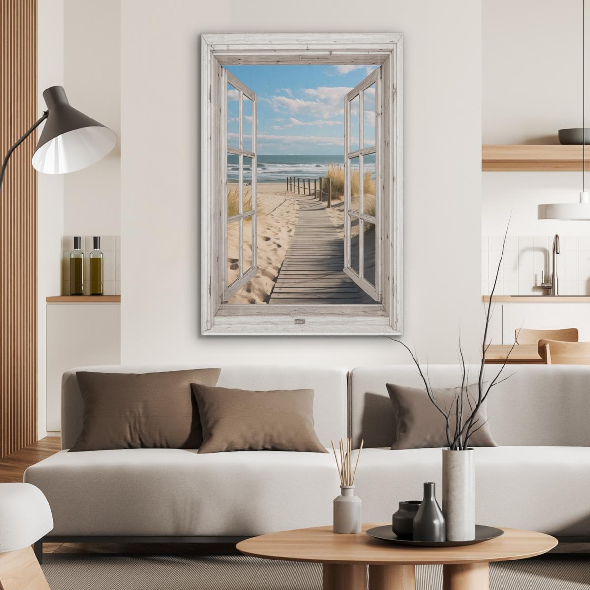 AKUSTIKBILD Fenster - Meer - Küste - Natur - Ausblick - Strand - Wattenmeer Wanddeko 70x100 cm - Beige, Kunststoff (70/100/0.9cm) - MuchoWow
