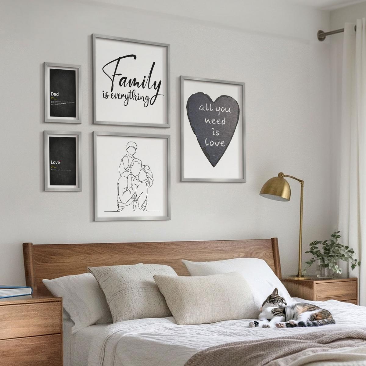 BILDER SET 5er Set - 50x50 cm & 20x30 cm & 40x60 cm Silberner Rahmen - Definitionen der Liebe in Familienzeichnungen - Silberfarben, Kunststoff (40/60cm) - TULUP