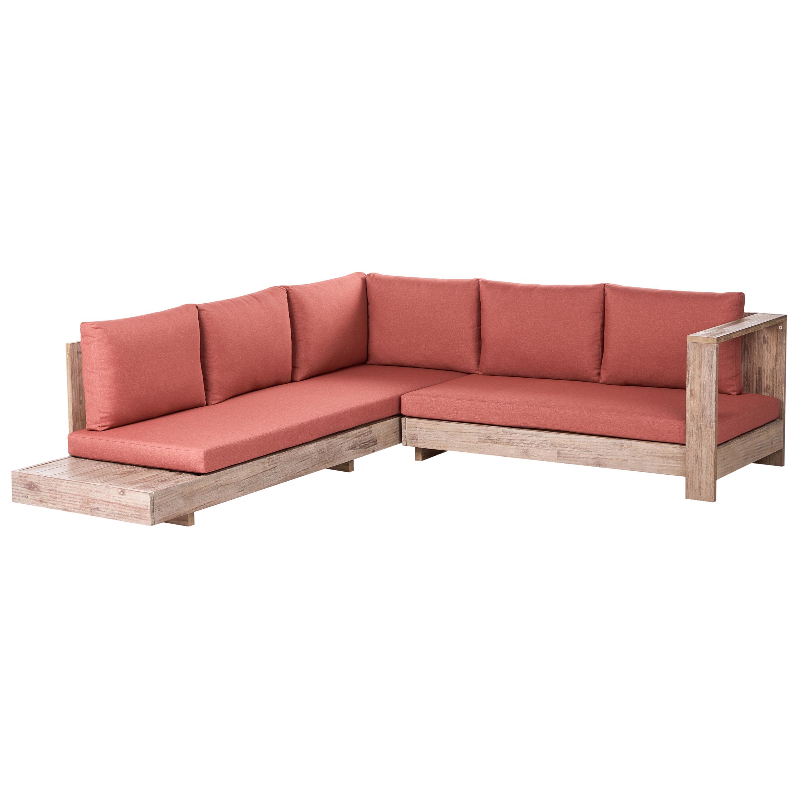GARTENECKSOFA 5-Sitzer zertifiziertes Akazienholz linksseitig Rot Marettimo - Hellbraun/Rot, Holz (225/64/212cm) - Beliani