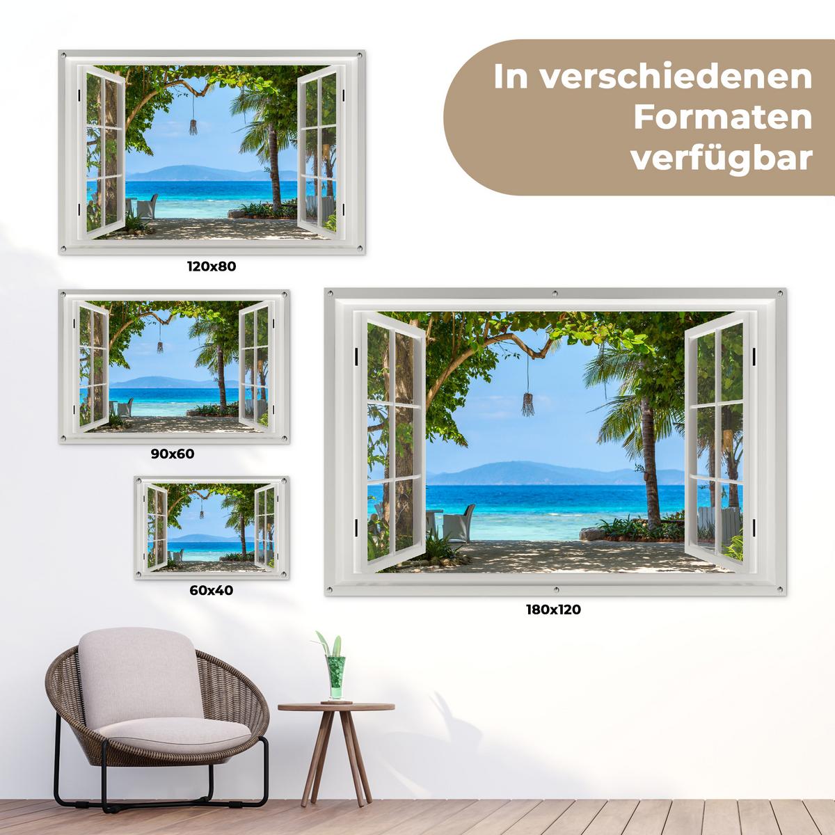 GARTENPOSTER Aussicht - Baum - Meer - Palme - Hügel - Strand - Blau Poster für draußen 180x120 cm - Weiß, Kunststoff (180/120/0.2cm) - OnlyWow