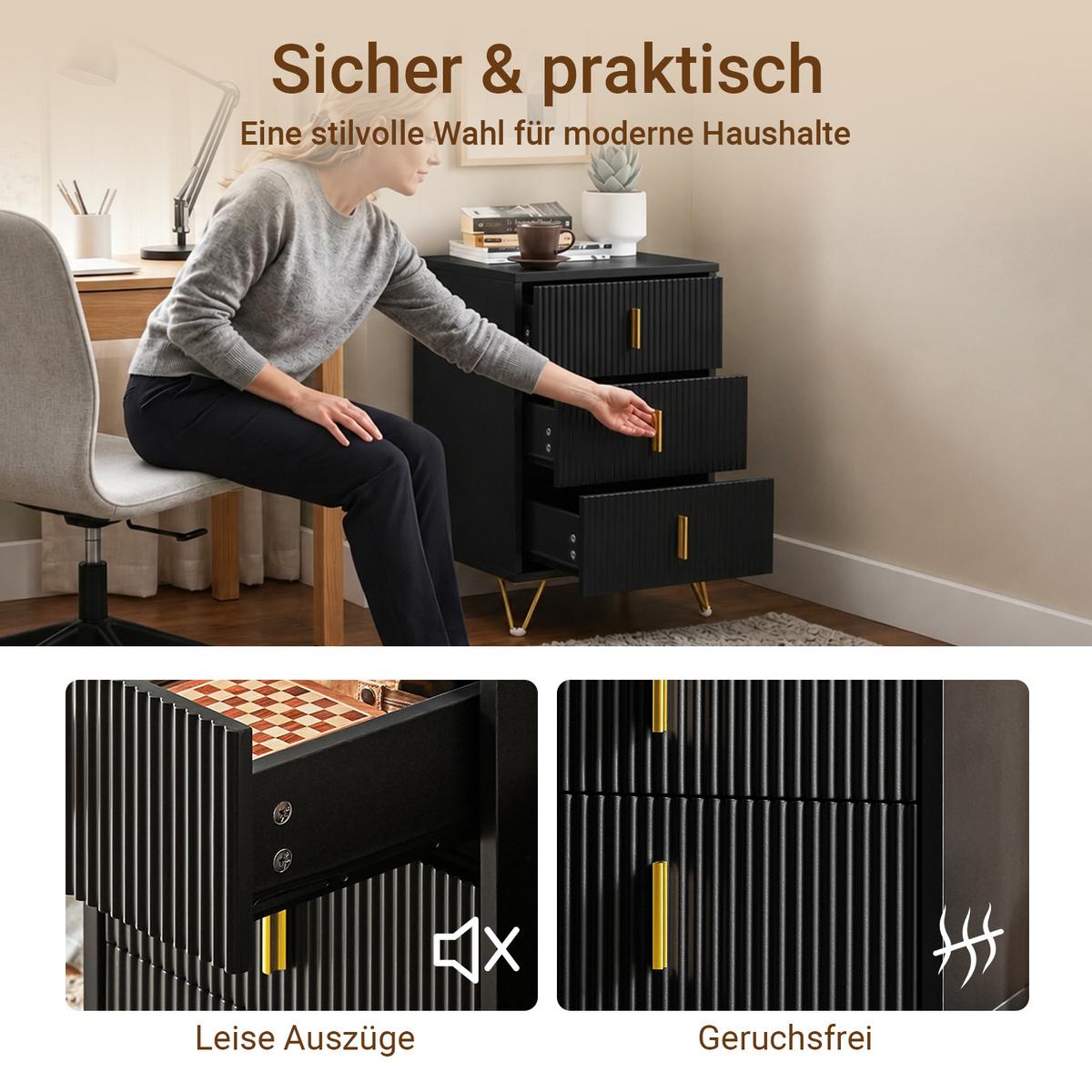 NACHTTISCH 2er Set, Beistelltisch mit 3 Schubladen modern Schwarz 40x40x63cm - Schwarz, Holzwerkstoff (40/63/36cm) - SoBuy