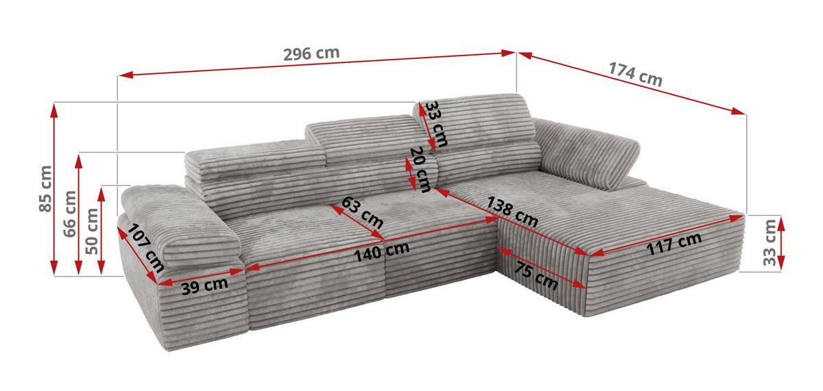 ECKSOFA RILASSO L Hellgrau Cord - links - Hellgrau/Schwarz, Kunststoff/Textil (296/174cm) - MKS