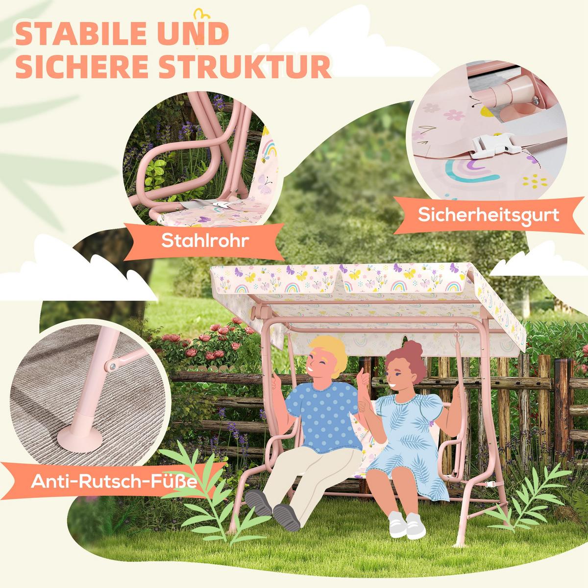 KINDER Hollywoodschaukel 2-Sitzer Kinderschaukel mit verstellbarem Sonnendach - Rosa, Metall (75/120/112cm) - AIYAPLAY