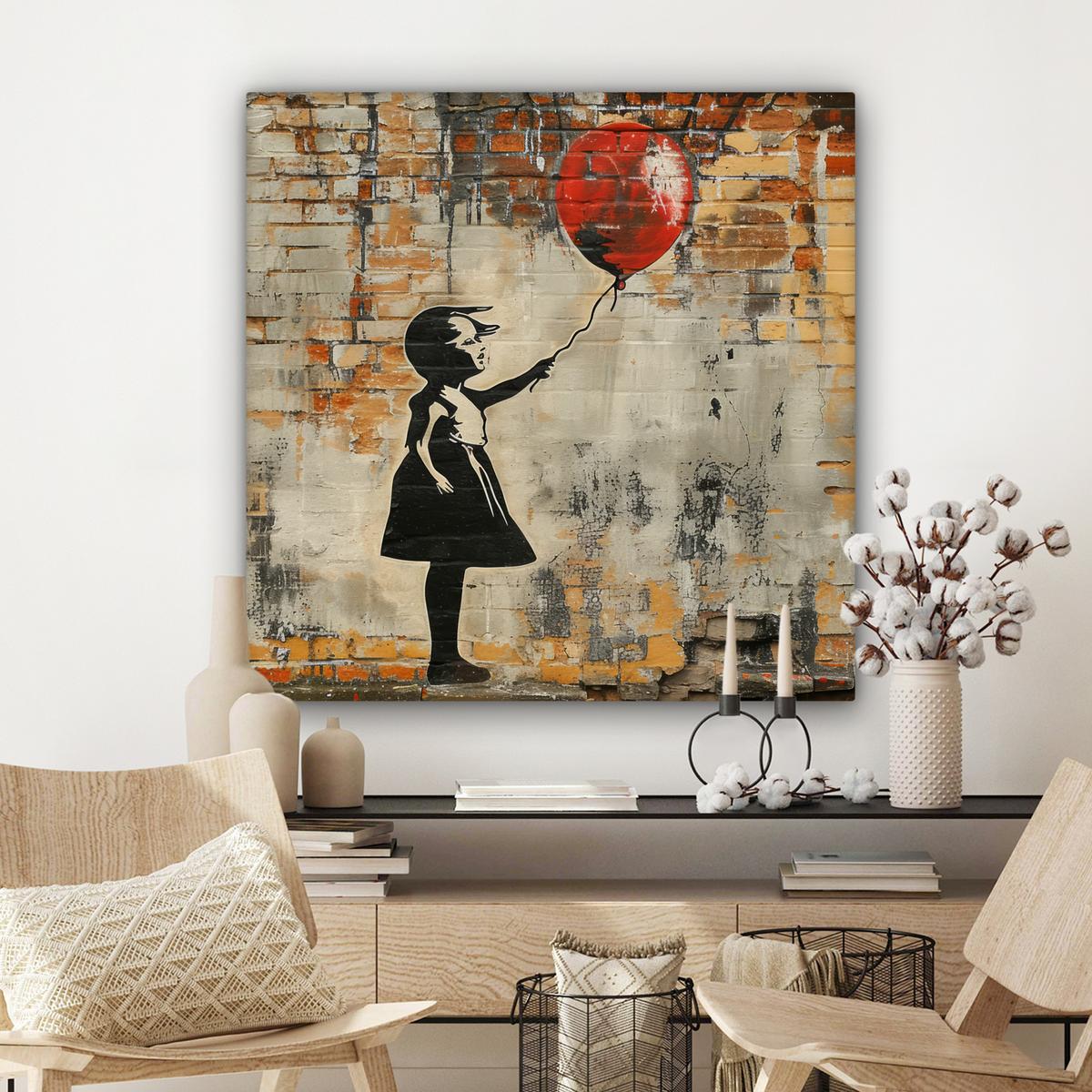 LEINWANDBILD Graffiti - Banksy - Mädchen - Straßenkunst Deko Groß 90x90 cm - Sandfarben, Textil (90/90cm) - MuchoWow