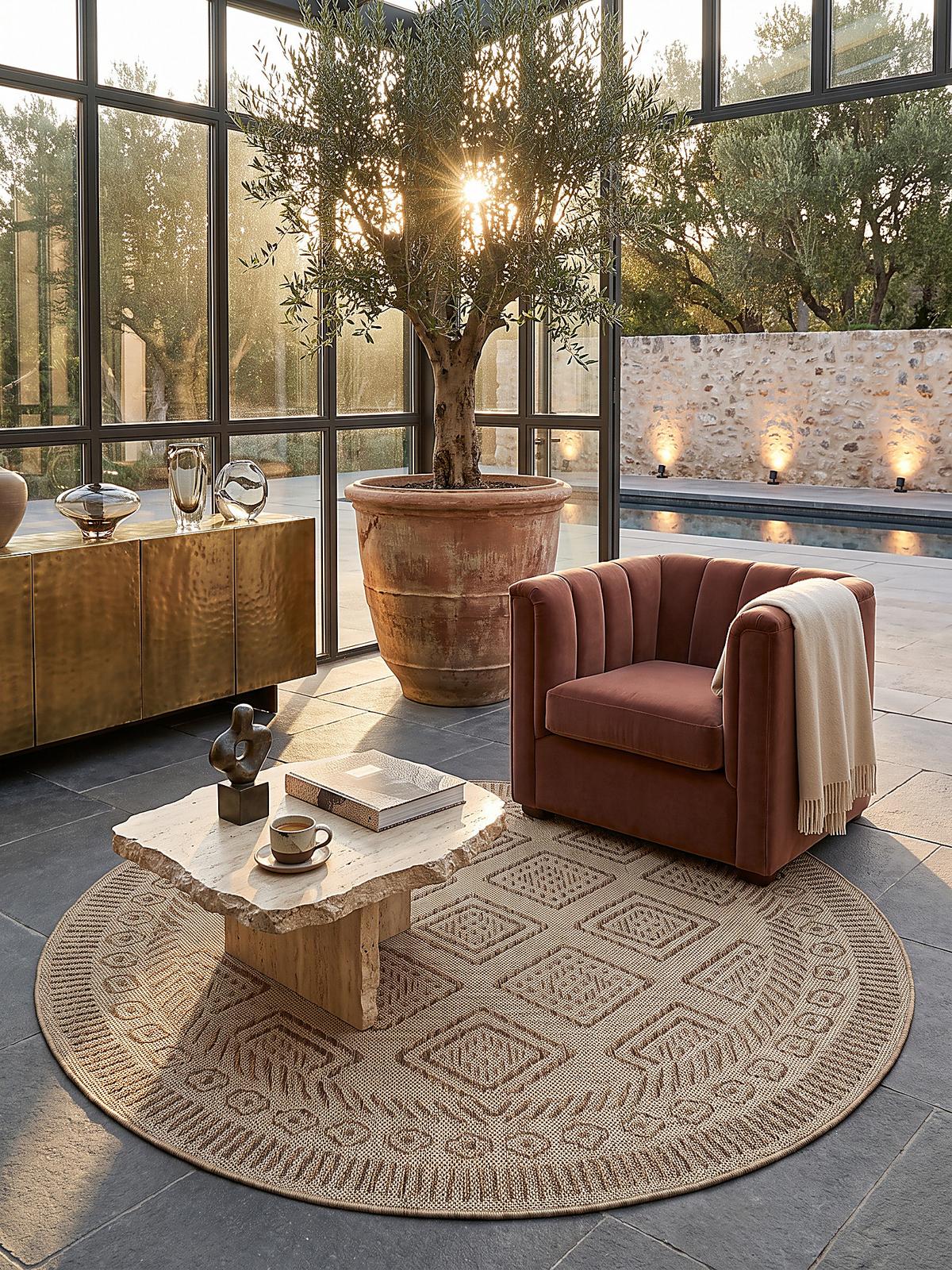 TEPPICH Flachgewebe, Outdoor, Fußbodenheizung-geeignet, mit Rautenmuster, VIGOLENO in Beige-Braun, Ø 160 cm - Beige, Textil (160/160cm) - KADIMA DESIGN