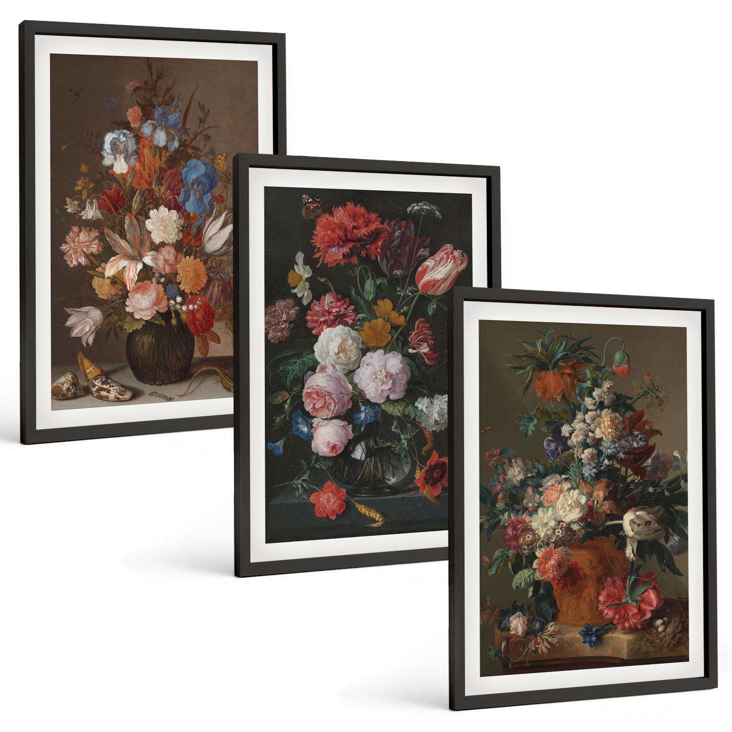 BILDER SET 3er Set - 40x60 cm Schwarzer Rahmen - Blumenarrangements in Vasen - Schwarz, Kunststoff (40/60cm) - TULUP