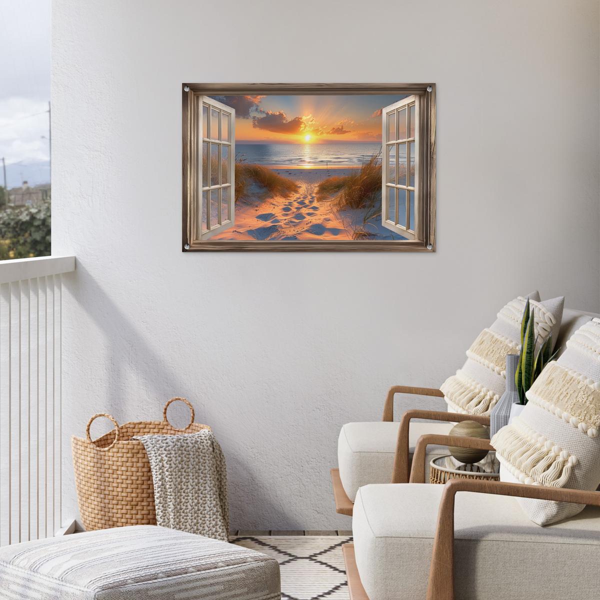 GARTENPOSTER Durchblick - Strand - Dünen - Sonnenuntergang Gartendeko 90x60 cm - Orange, Kunststoff (90/60/0.2cm) - OnlyWow