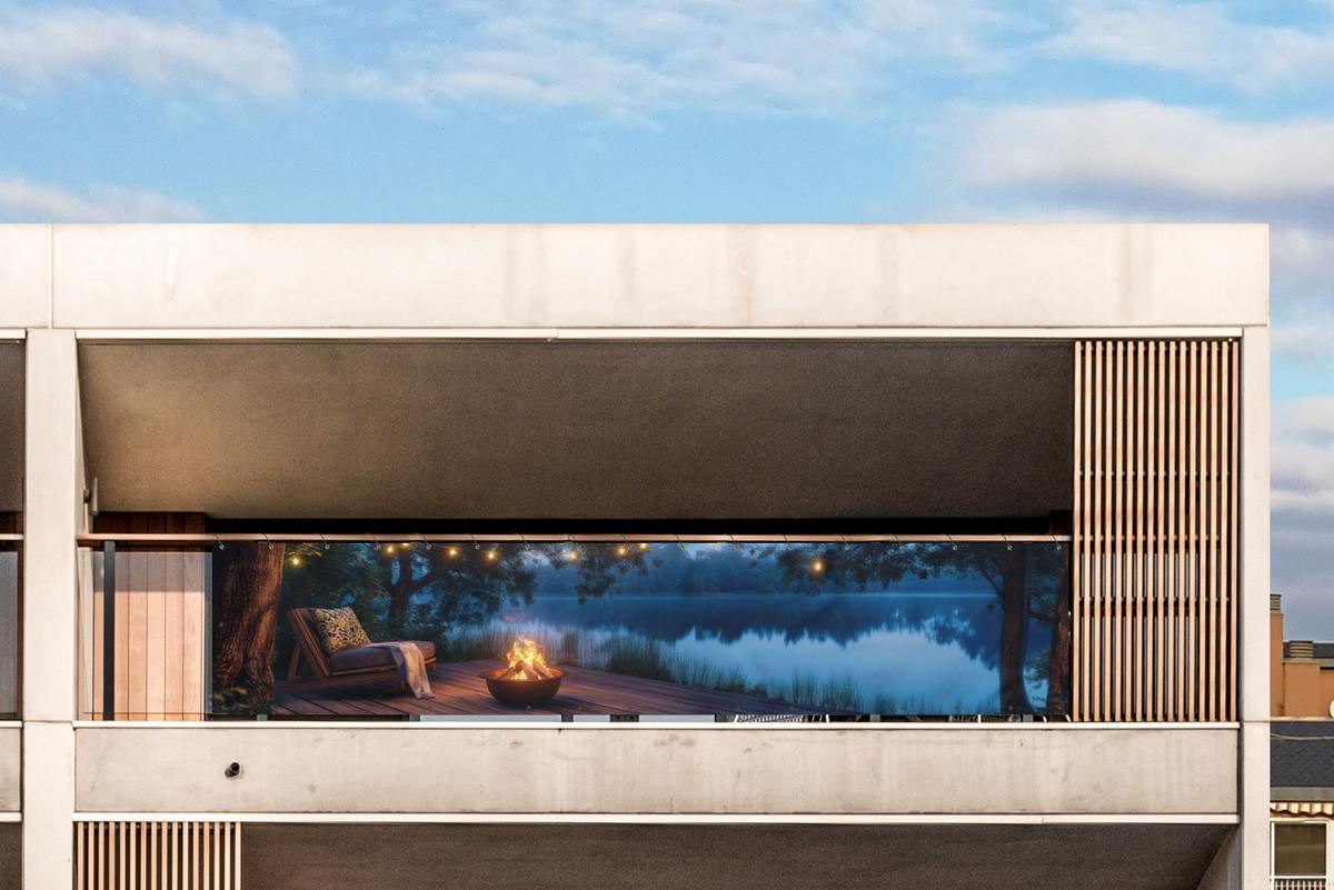 BALKON-SICHTSCHUTZ Lagerfeuer - See - Abendlicht Deko XXL 500x100 cm - Dunkelblau, Kunststoff (500/100cm) - MuchoWow