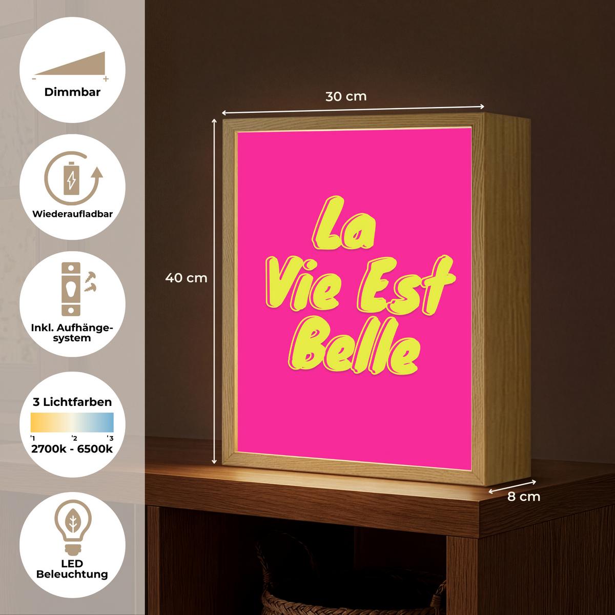 WANDLEUCHTE MIT AKKU Zitat - Retro - Rosa 30x40 cm - Pink, Holzwerkstoff (30/40/8cm) - OnlyWow