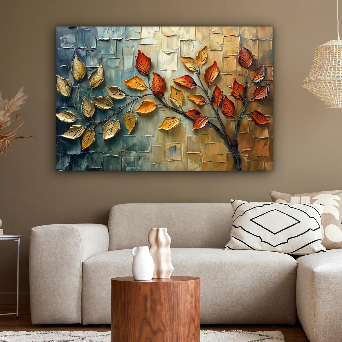 LEINWANDBILD Baum - Abstrakt - Natur - Kunst Wohnzimmer Groß 120x80 cm - Goldfarben, Textil (120/80cm) - MuchoWow