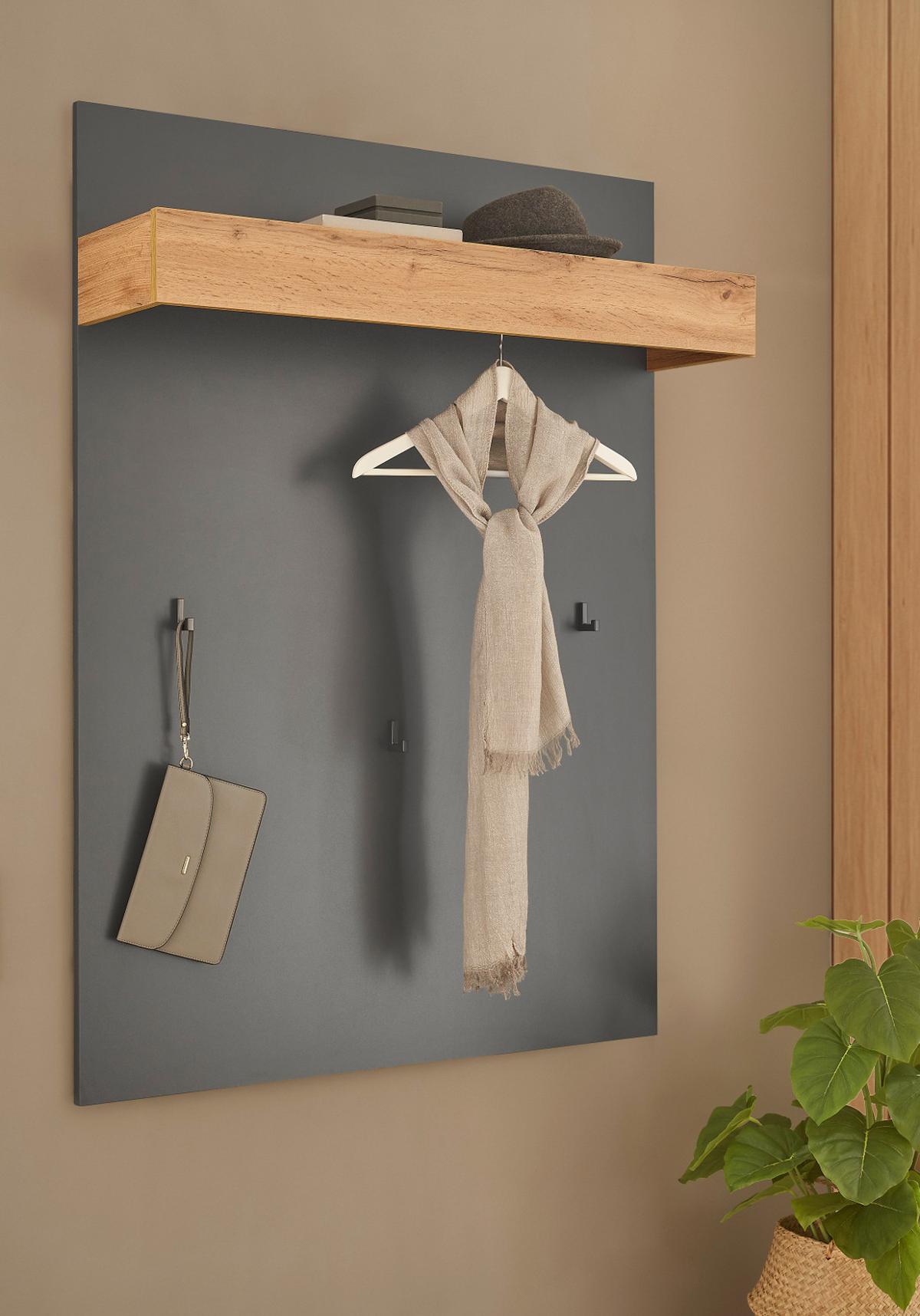 GARDEROBENPANEEL grau matt, Eiche Wotan 100 cm, Wandgarderobe mit Kleiderstange - Eiche Wotan/Grau, Holzwerkstoff/Metall (100/135/25cm) - Furn.Design