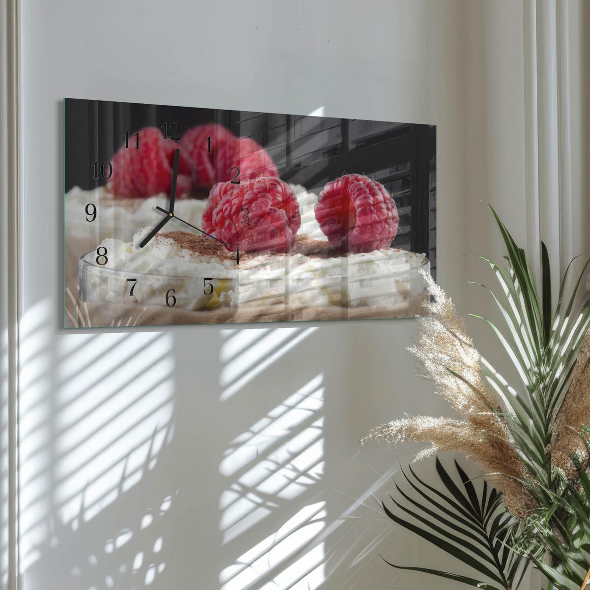 WANDUHR aus Glas 60x30 cm - Himbeerdessert - Rot, Glas (60/30/0.4cm) - TULUP