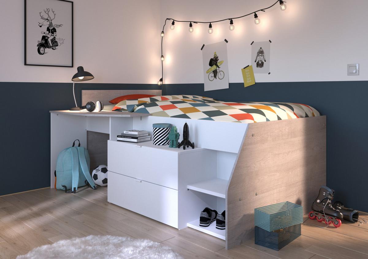 KINDERZIMMER weiß, grau 2-teilig, Jugendzimmer-Set Stauraumbett und Kleiderschrank - Schwarz/Weiß, Holzwerkstoff/Kunststoff (143/182/135cm) - Parisot Meuble