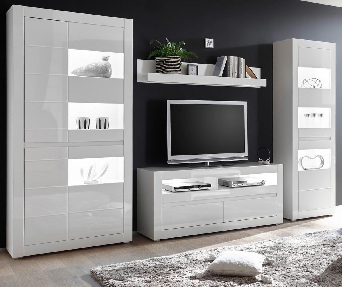 WOHNWAND Hochglanz weiß, Stone Design grau 4-teilig, Anbauwand mit Soft-Close - Weiß Hochglanz/Weiß, Glas/Holzwerkstoff (336/198/42cm) - Furn.Design
