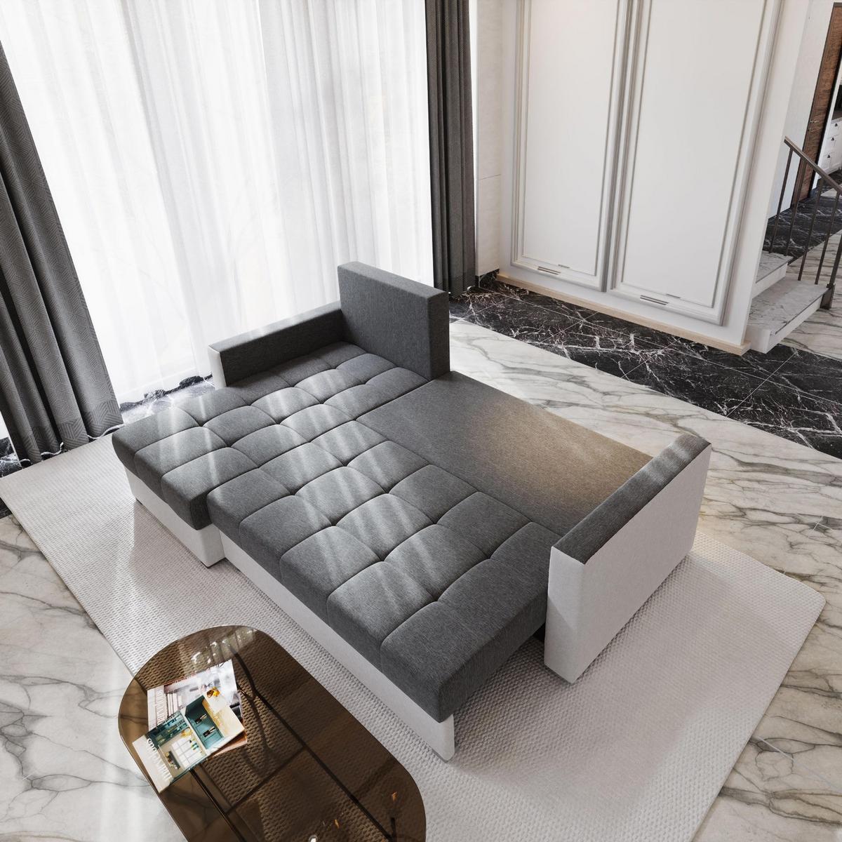 ECKSOFA KOS PIK Grau Dünner Stoff mit Schlaffunktion - Dunkelgrau/Grau, Holz/Kunststoff (220/140cm) - MASSENO