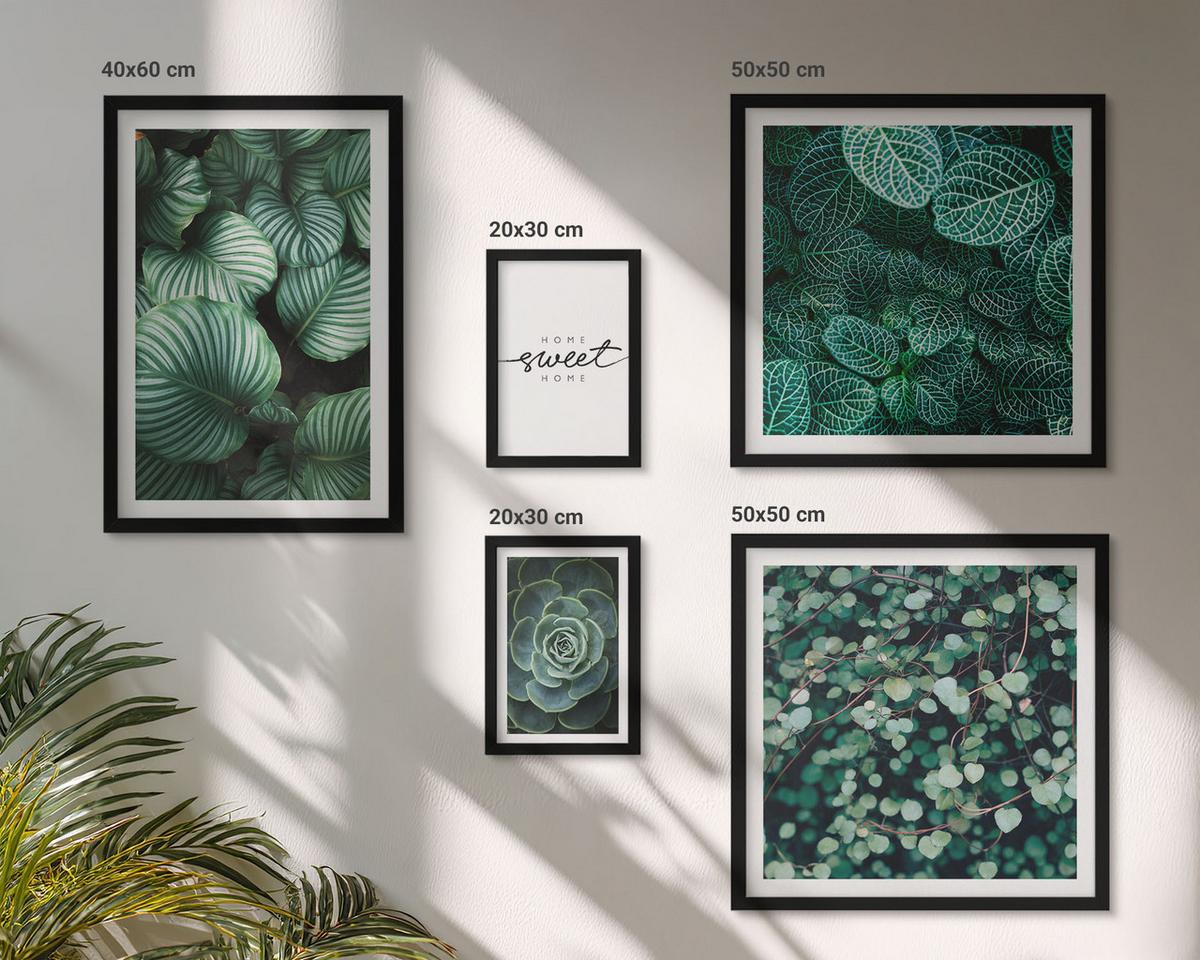 BILDER SET 5er Set - 50x50 cm & 20x30 cm & 40x60 cm Schwarzer Rahmen - Wellen, Sand, Wasser, Steine, Strand - Schwarz, Kunststoff (40/60cm) - TULUP