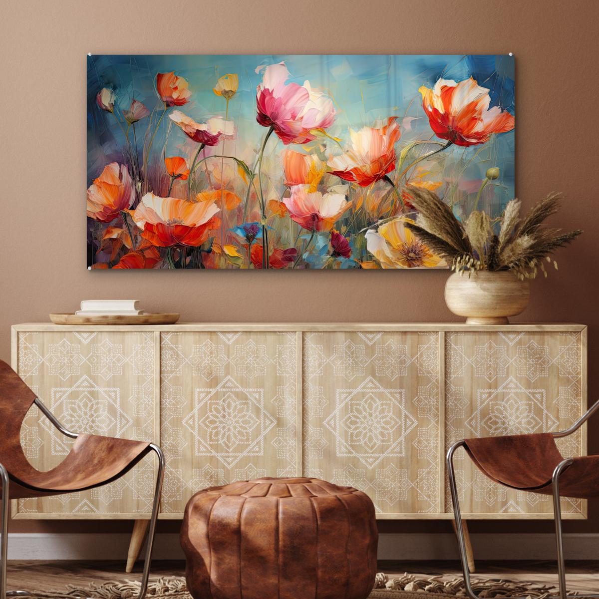 ACRYLGLASBILD Blumen - Aquarell - Kunst - Botanisch - Natur 120x60 cm - Orange, Glas (120/60cm) - MuchoWow